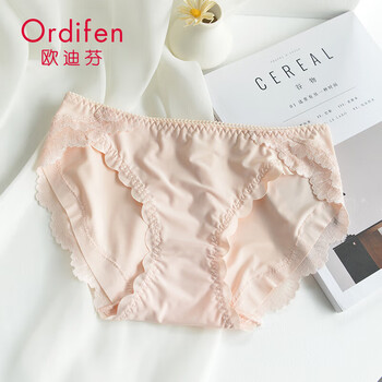 欧迪芬女士内裤女冰丝夏季无痕裸感舒适透气性感蕾丝花边三角短裤头 虾红 1条 L