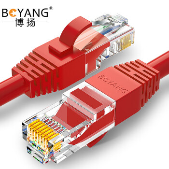 博扬 超五类网络跳线 非屏蔽千兆成品网线 CAT5e(24AWG)无氧铜双绞线 1米 红色 POE供电工程布线 BY-501R