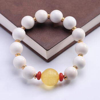 初嘉 猛犸牙象牙圆珠 象牙搭配雕刻文玩心经琥珀蜜蜡手串 男女通用