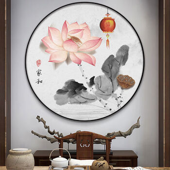 荷花图圆形装饰画新中式挂画q1h荷花直径20cmpvc金框