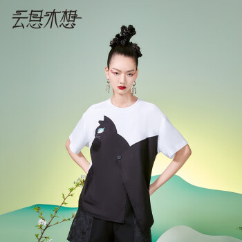 云思木想摩登中国风2022夏季新款纯棉T恤设计感刺绣短袖女69515 黑白色 XL