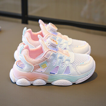 elgk女童凉鞋夏季新款旋转纽扣儿童包头运动网鞋镂空女孩透气单鞋粉红