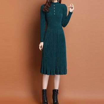 wei ge秋冬2023年新款女中长款裙子加绒加厚毛衣裙过膝春秋针织连衣裙