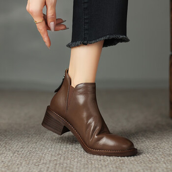 yinfan通勤复古切尔西靴秋冬季牛皮粗跟短靴女单靴百搭中跟后拉链及裸
