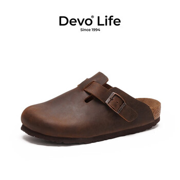 Devo Life的沃软木鞋  夏季拖鞋女 半包内增高女鞋圆头 防滑拖鞋外穿3624 深棕油蜡牛皮 36