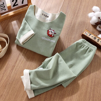 儿童保暖内衣套装秋冬宝宝秋衣秋裤长袖套装睡衣家居服 无骨豆绿色 100cm