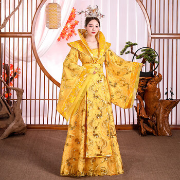 汉服红色宫廷古代结婚公主嫁衣凤冠霞帔戏服皇后服装杨贵妃 黄色衣服