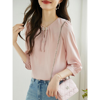 拉夏贝尔新款衬衫女2023秋季女装时尚简约宽松显瘦休闲雪纺长袖上衣