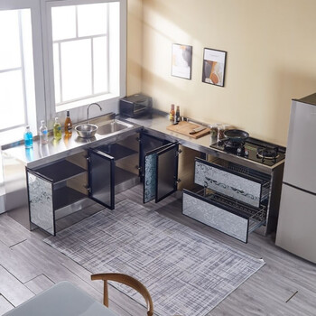 简易橱柜不锈钢橱柜碗碟收纳拉篮实木厨房柜子整体厨房家用租房橱