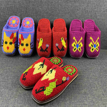 毛线拖鞋纯手工婚嫁拖鞋居家家居鞋勾情侣手工鞋 姜黄色 图案随机发