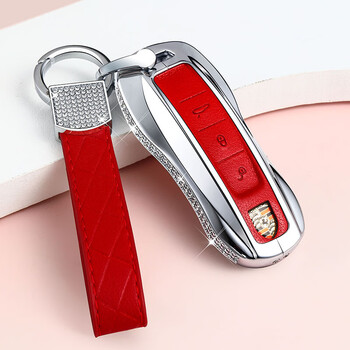 红色镶钻真皮钥匙套 镶>杉贝适用保时捷车钥匙壳卡宴macan帕拉梅拉tay