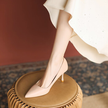 莱克立蔓(lac leman)米白色高跟鞋女细跟2023春7厘米小跟不累脚主持