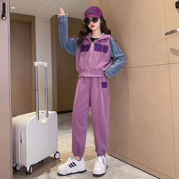 荷棠梦女童牛仔拼接套装秋儿童女装套装8一10岁秋装时尚女孩衣服12岁