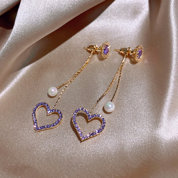 二次印象紫色桃心珍珠流苏925银耳环女长耳坠新款潮韩国气质网红耳饰