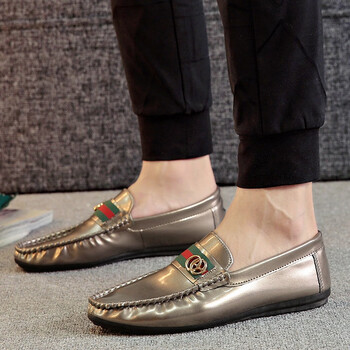 秋季新品男士豆豆鞋驾车鞋英伦潮流男板鞋时尚漆皮镜面舒适休闲鞋金色