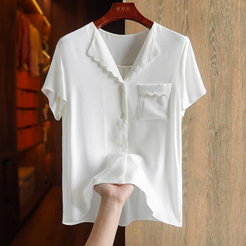 保罗普朗格白色高端重磅真丝衬衫女夏季新款短袖气质v领通勤大牌桑