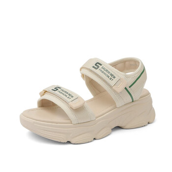 索兰女鞋 2022夏季运动风沙滩鞋休闲字母魔术贴厚底凉鞋22bx6308 米色