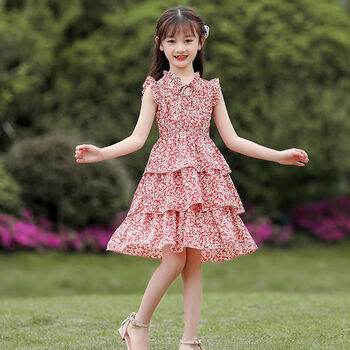 儿童裙子夏装2022新款小碎花雪纺中大童女孩洋气公主裙女童连衣裙粉色