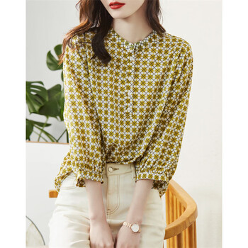 德玛纳（dme）印花衬衣春通勤立领灯笼袖七分袖衬衫女装上衣 芥末黄 L 