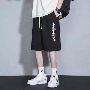 花面怪短裤男青少年休闲加肥加大裤衩外穿运动裤潮流宽松五分裤子 AM黑色 XL 110-130斤