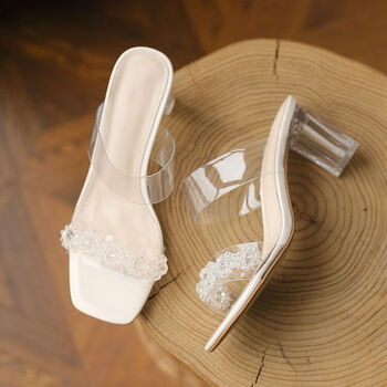 高跟鞋水钻仙女风中粗跟水晶网红凉拖鞋米白色34>进店逛逛|关注店铺