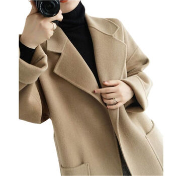 毛呢大衣女双面纯大衣女毛呢外套秋冬中长廓形款宽松过膝厚可可色s100