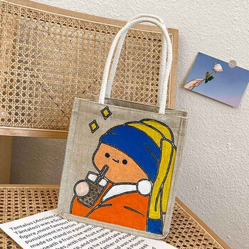 涂鸦diy材料包涂色袋手工包手提手绘包麻布 珍珠女孩小款带绘画工具