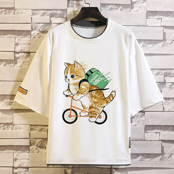 可爱猫咪t恤男五分袖日系印花图案情侣装卡通宽松夏季衣服体恤衫 白色