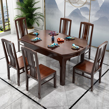 木豫新中式家具金丝檀木一桌四椅六椅吃饭家用实木方圆两用餐桌椅组合