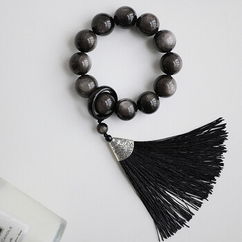 铭闽黑曜石文玩手持手串绕指柔银曜石手捻念珠女流苏跑环男手链挂件 7