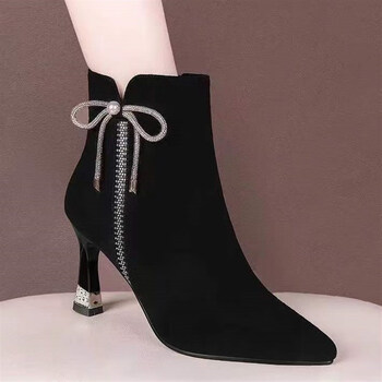 品质时尚水钻尖头高跟短靴春秋单靴2023秋冬新款磨砂皮女黑色40标准码