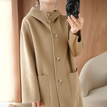 露依姬羊绒大衣100女双面绒23秋冬新款感连帽中长款100羊毛呢外套可可