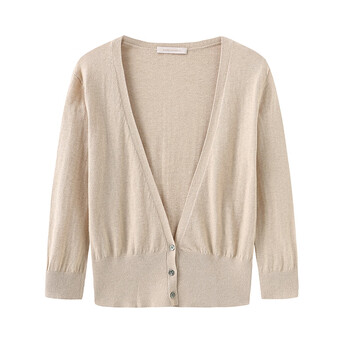 春竹2022春夏新品v领长袖开衫女宽松显瘦针织打底衫外套米色m95