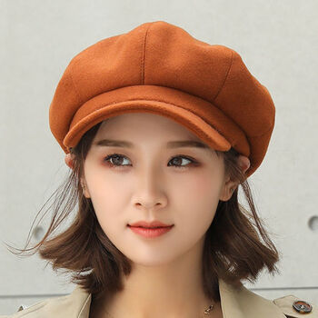 冬季呢子女式贝雷帽网红百搭千鸟格潮英伦蓓蕾画家帽子冬天帽檐款焦糖