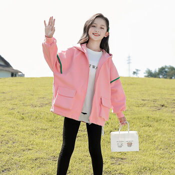 连帽上衣女孩衣服9-12岁中大童小孩秋装学生时尚拼接宽松休闲带帽衣