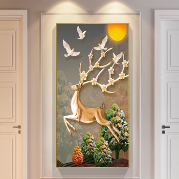 鹿壁画轻奢客厅玄幻竖版挂画吉祥麋鹿g款4080cm大韩烤瓷水晶典雅黑