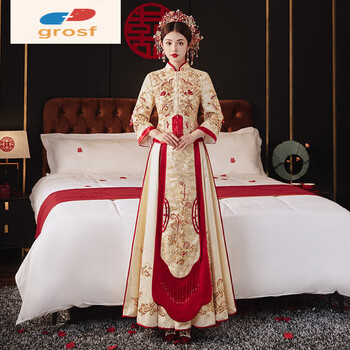 dkuq中国中式婚礼新娘服装凤冠霞帔秀禾服新款结婚嫁衣香槟金色秀和
