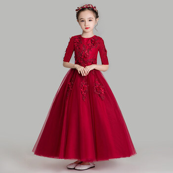 女童婚纱拖尾小孩花童模特走秀钢琴演出服 中袖-酒红色长款【拉链款】