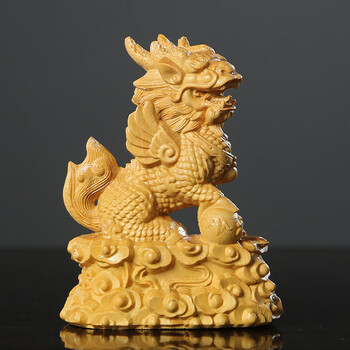 奈希森黄杨木麒麟摆件瑞兽雕刻件送礼收藏红木中式复古家居客厅电视柜