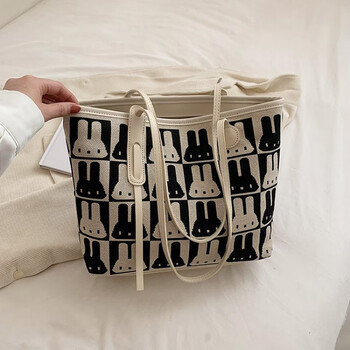 流行包包女大容量新款兔子帆布包单肩布包高级气质通勤托特包白色均码