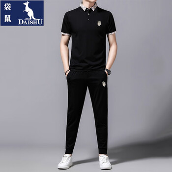 袋鼠运动套装男短袖t恤夏季新款薄款翻领刺绣一套搭配帅气潮流中青年