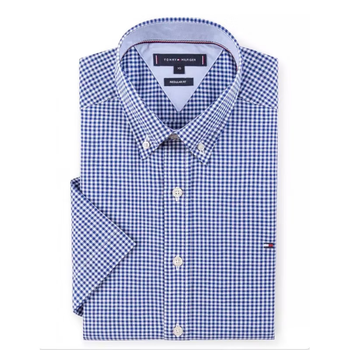 tommyjeans汤米tommyhifger夏季商务休闲条纹短袖衬衫纯棉免烫男宝蓝