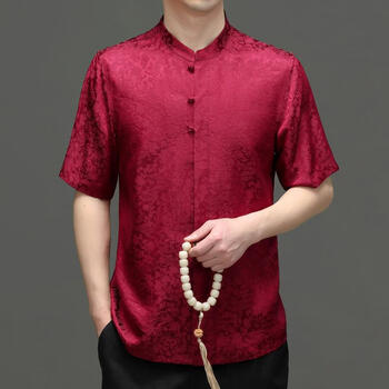 大绒鹅真丝中国风唐装男装短袖桑蚕丝衬衫男薄款民族复古休闲上衣唐装