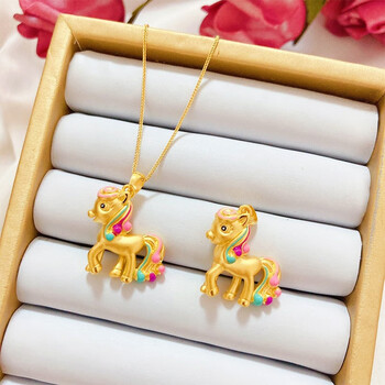 尔立足金999彩虹马吊坠黄金珐琅生肖马项链挂坠女款3d硬金小马驹坠子