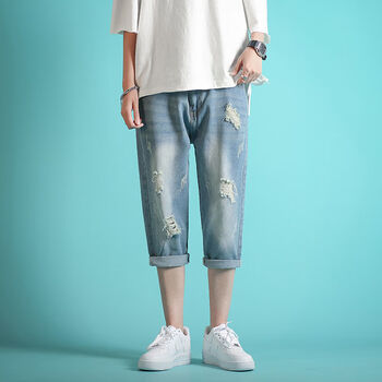 啄木鸟春季男装七分破洞牛仔裤男修身直筒半截裤潮流韩版中裤中学生