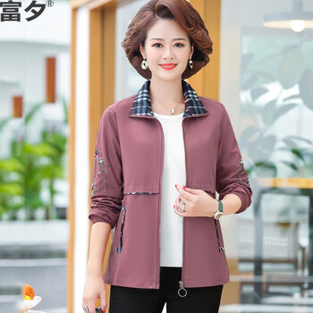 富夕2023年新款中年妈妈秋装外套中年女短款40岁50中老年人春秋薄上衣 粉色 4XL【建议135-150斤】