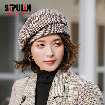 斯普琳 贝雷帽女秋冬季韩版潮网红复古百搭时装帽千鸟格文艺显脸小画家帽英伦八角帽子女 咖色