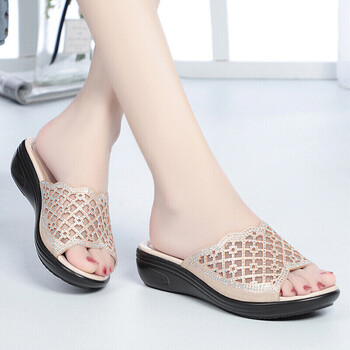 厚底妈妈拖鞋坡跟女士皮凉拖时尚外穿露趾大码女拖鞋夏季新款金色35