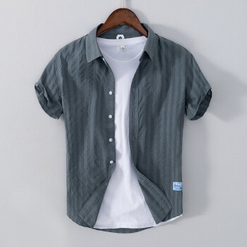 构致新款夏季纯棉短袖衬衫男士休闲纯色衬衣薄款暗纹褶皱半袖开衫 深灰色 XL