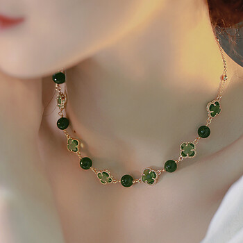 遥暖绿玉髓项链女生幸运四叶草吊坠女士锁骨链闺蜜颈链时尚饰品首饰生